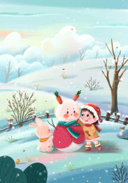 手绘可爱冬天堆雪人下雪雪景