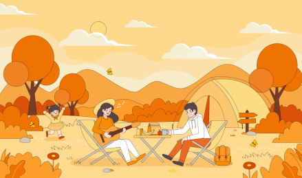 秋天一家人在户外露营矢量插画