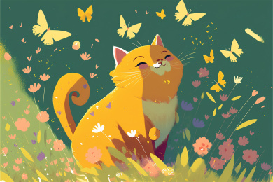 春天坐在草地上的橘色猫咪唯美插画