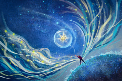 乘着希望之星飞翔的少女插画