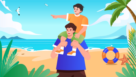 父子大海海边夏季风景插画