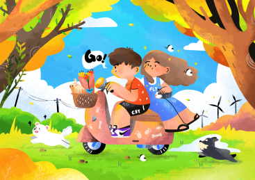 扁平风肌理人物春游创意插画