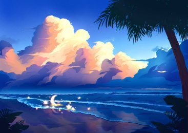 傍晚海边云朵平涂肌理风景插画