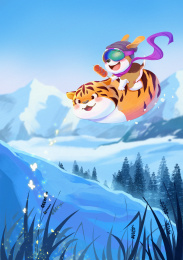 小狗坐在小老虎气球上飞在空中