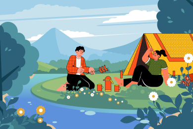 在户外的溪流边搭帐篷露营