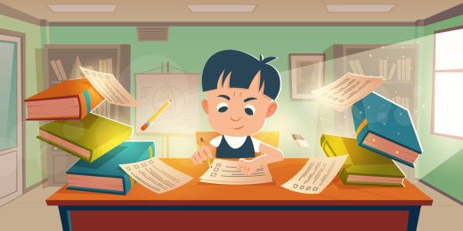 男孩在教室里认真写试卷插图