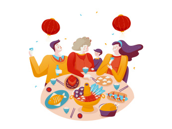 红橙色卡通扁平一家人一起吃年夜饭 