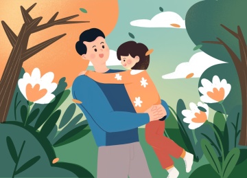 女儿拥抱着父亲温馨的父亲节户外手绘插画