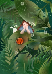 惊蛰节气夜晚女孩和兔子在森林里观察昆虫