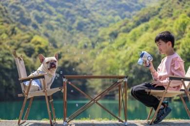 可爱的小男孩和他的狗在湖边露营