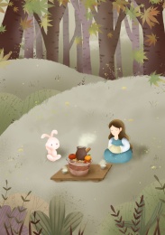 立冬节气树林中女孩和女子围炉煮茶