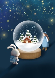小雪节气夜晚星空女孩和兔子水晶球中看雪景