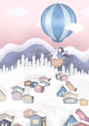 大雪节气女孩和兔子坐热气球游览林中村庄