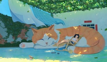 在葡萄藤下有个大橘猫和在摇椅上睡觉的女孩