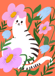 一只可爱白色猫咪在花丛中