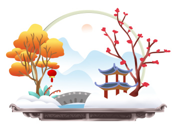 小雪风景和小雪物品和剪纸背景结合亭子