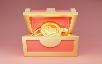 打开装满皇冠金币的活动游戏卡通立体宝箱