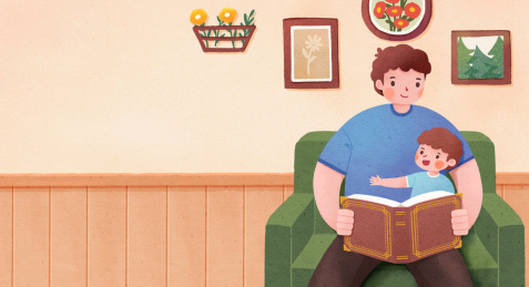 父亲节父子沙发上看书手绘插画