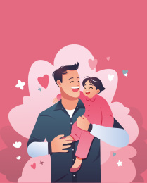 父亲节主题爸爸抱着孩子粉色矢量插画海报