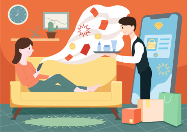 购物节-宅家网购的女生享受着送货上门服务