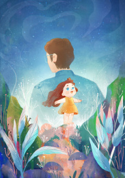 女儿站山上爸爸是靠山父爱如山背景插画板绘