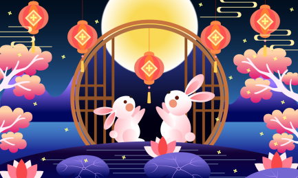 温馨中秋玉兔赏月插画