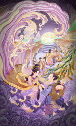 牛郎背着孩子在鹊桥与织女相会