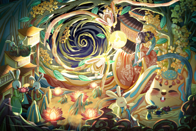 嫦娥手捧月亮一群兔子庆中秋