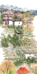 手绘新中式山乡秋色田园插画