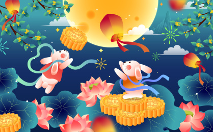 浪漫中秋夜小兔子放灯插画