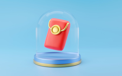 蓝色背景前立体的透明玻璃罩子里装着红包