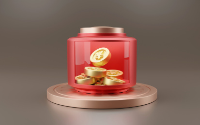 装有金币的红色立体透明玻璃的存钱罐子