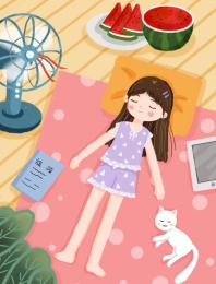 夏天女孩躺在垫子上吹电风扇