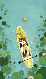 夏天男孩在荷叶池塘睡觉的手绘节气插画