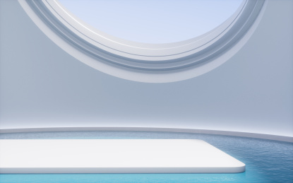 室内水面与圆形窗户3D渲染