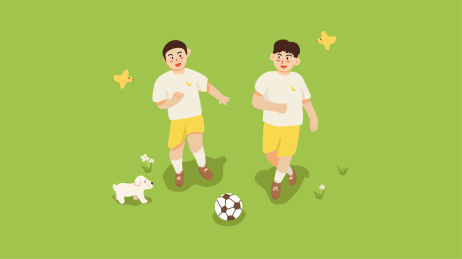 两个男孩在草地上踢足球插画