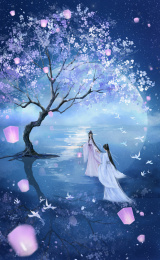 古风唯美插画七夕携手放灯的情侣