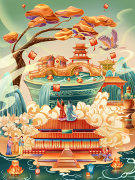 国潮风中元节中秋节放河灯插画