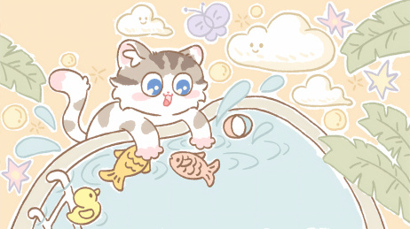 小猫池塘摸鱼夏日游泳池IP背景图壁纸素材