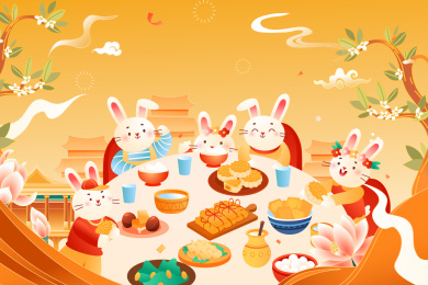 中秋节兔子美食聚餐矢量插画