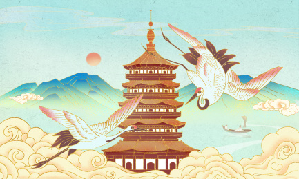 国潮雷峰塔仙鹤插画