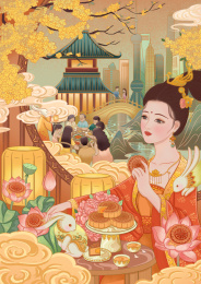 嫦娥手拿月饼坐在窗外眺望远方