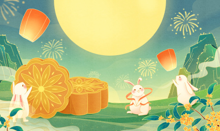 国潮中秋桂花玉兔月饼插画
