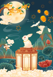 中秋节国风插画兔子望月