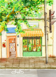 夏天小清新插画街景店铺背景素材