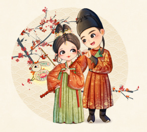 梅树下唐风情侣可爱国风插画