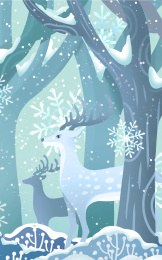 冬天雪景森林小鹿风景插画