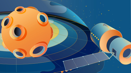 漂浮的星球太空基地和宇宙飞船矢量插画