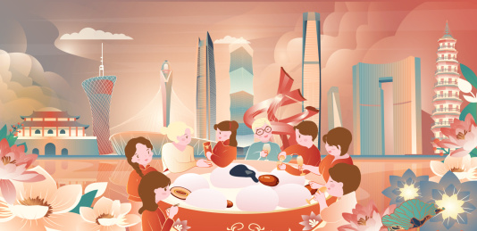 元宵节冬至东莞古代现代地标建筑横版插画