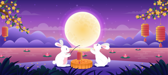 中秋节两只兔子湖边赏月吃月饼插画